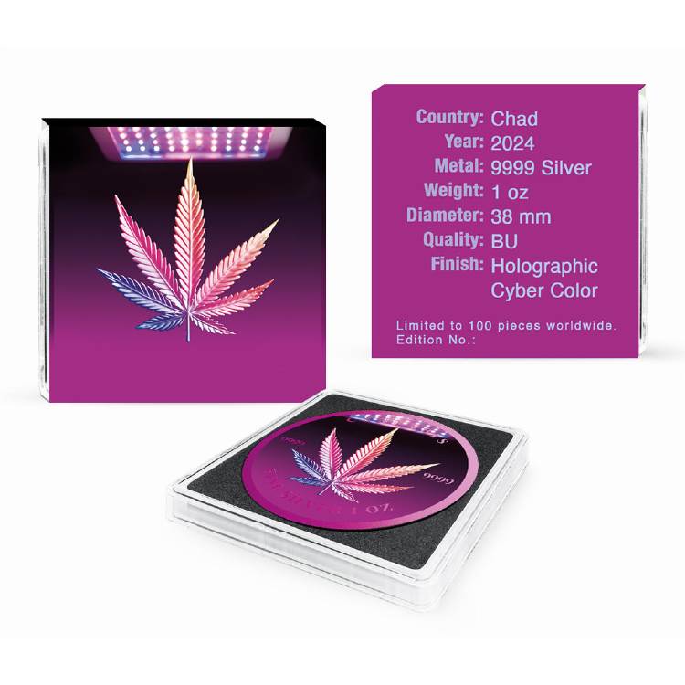 Spectrum Cannabis Leaf 2024 1 oz 5000 CFA Pure Silver Holographic Cyber Pink Coin COA #29 – Chad