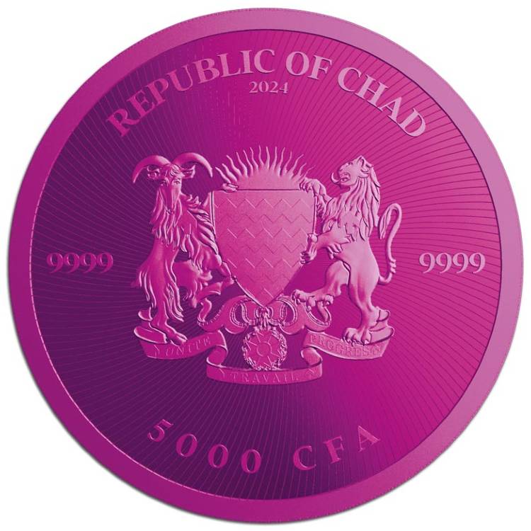 Spectrum Cannabis Leaf 2024 1 oz 5000 CFA Pure Silver Holographic Cyber Pink Coin COA #29 – Chad